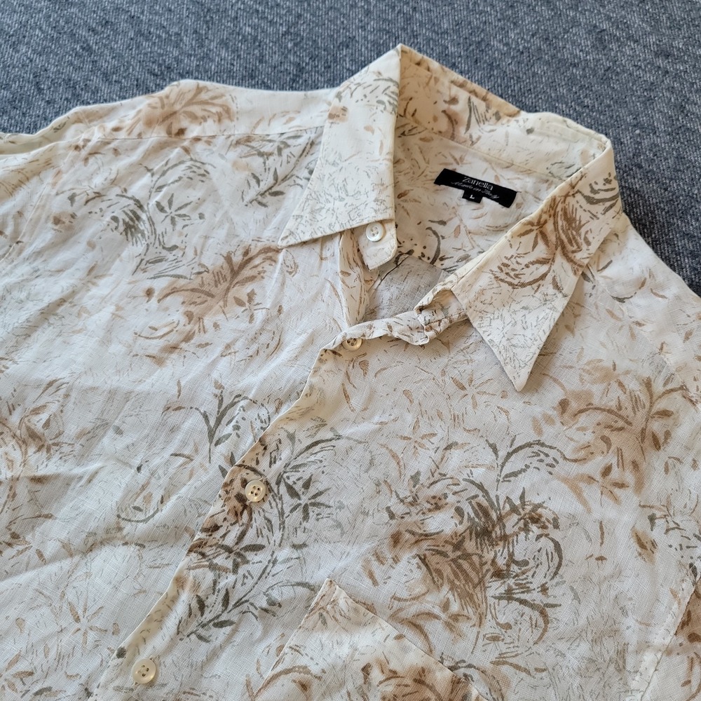 Zanella Shirt Men's Large Beige Floral All Over Print Linen Blend Short Sleeve